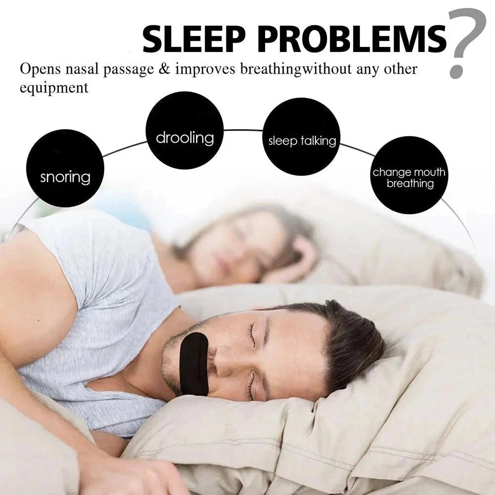 Person sleeping with a device on their nose, accompanied by text about sleep problems and product benefits.